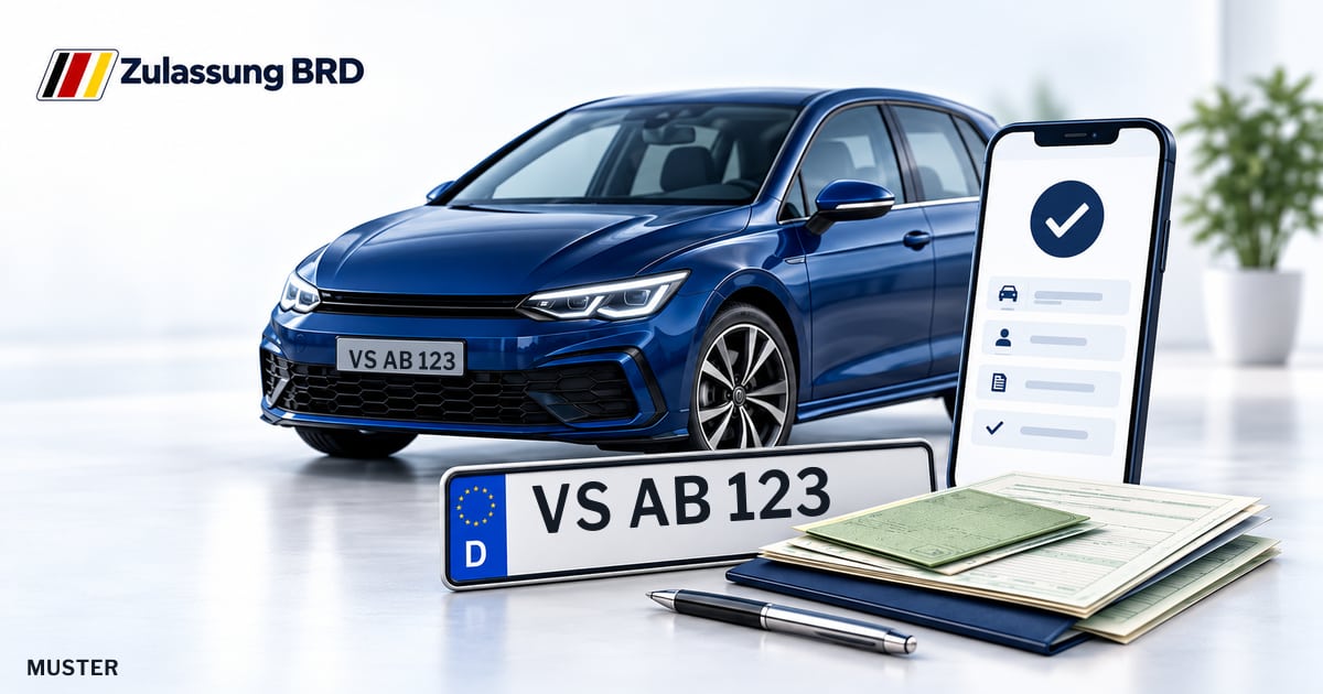 Online Fahrzeugzulassung in Donaueschingen: Musterkennzeichen VS AB 123, Auto und Fahrzeugpapiere und Smartphone. Illustration mit Logo von Zulassung BRD.